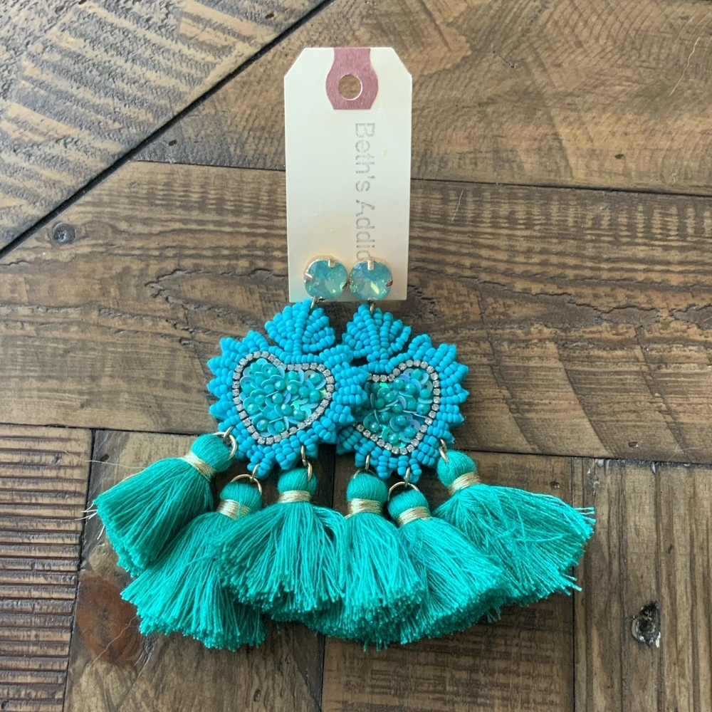 Beth’s Addiction Turquoise Beaded Heart Tassel Earrings